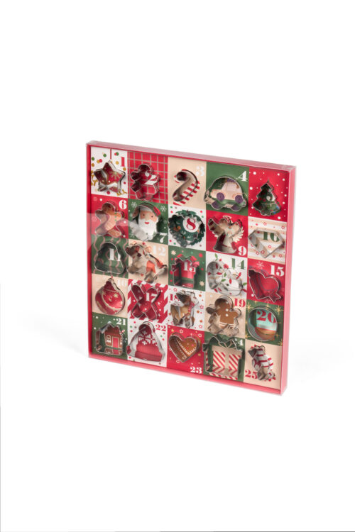 Calendário do Advento com quadrados numerados e ilustrações natalícias em vermelho e verde.