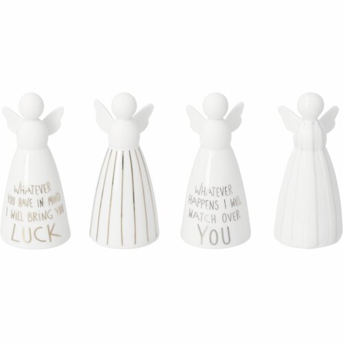 Quatro modelos de mini anjinhos brancos, com inscrições e linhas douradas.