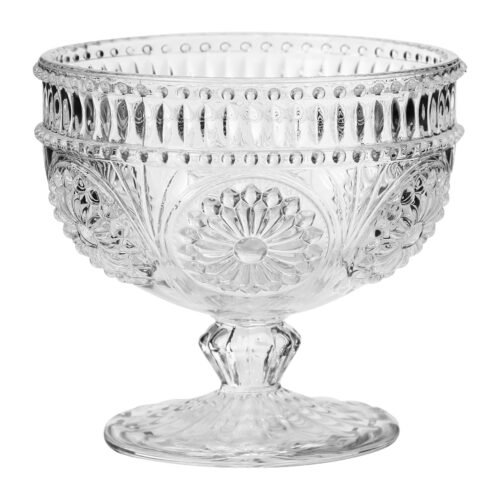 Taça de gelado transparente com motivos florais em relevo, pé curto e base circular