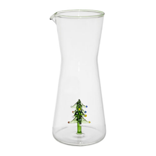 Jarro transparente com bico para verter e pequena árvore de Natal no interior