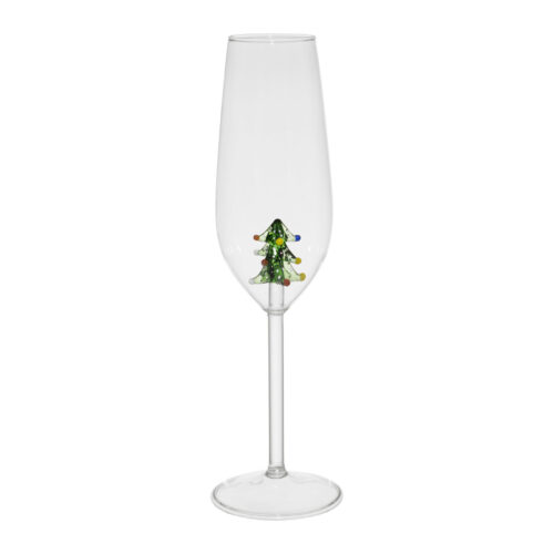 Flute transparente de pé alto com pequena árvore de Natal verde no interior