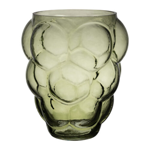 Vaso verde translúcido com grandes relevos arredondados e abertura circular