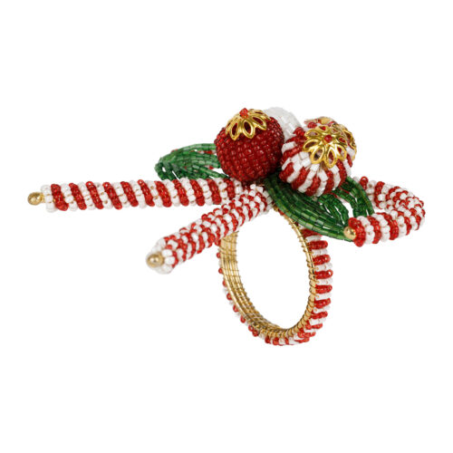 Argola de guardanapo com laço às riscas vermelhas e brancas, folhas verdes e bolas decorativas