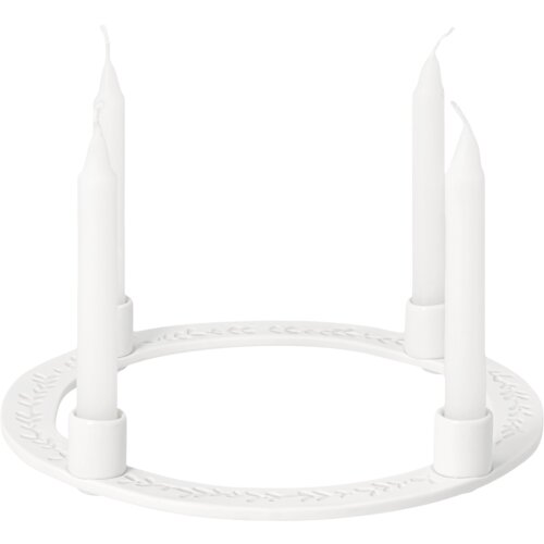 Base circular branca para velas de Advento, com folhas em relevo e quatro velas brancas.