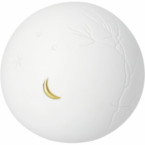 Bola decorativa branca com ramos e estrelas em relevo e lua dourada.