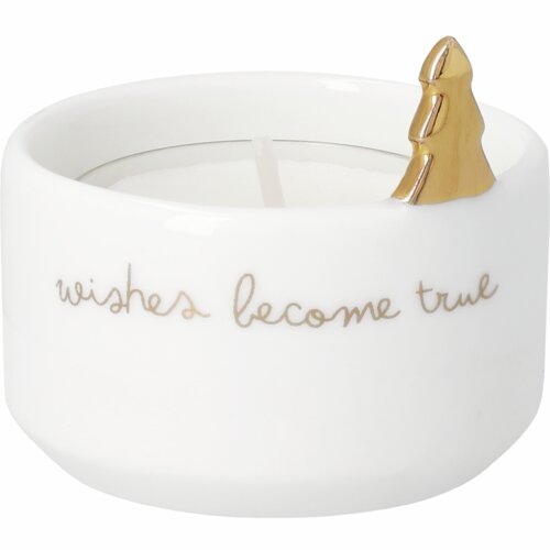 Porta-velas branco com pequena árvore dourada e inscrição «wishes become true».