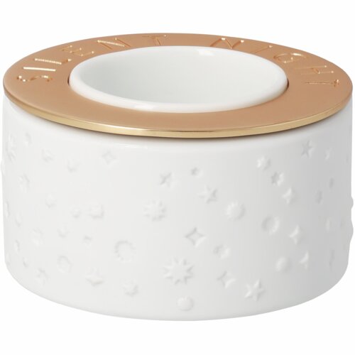 Porta-velas Silent Night branco, com estrelas em relevo e remate dourado.