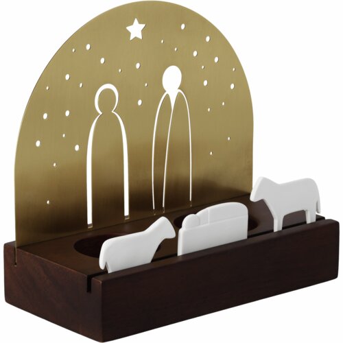 Presépio com painel dourado, estrela recortada e figuras brancas sobre base castanha.