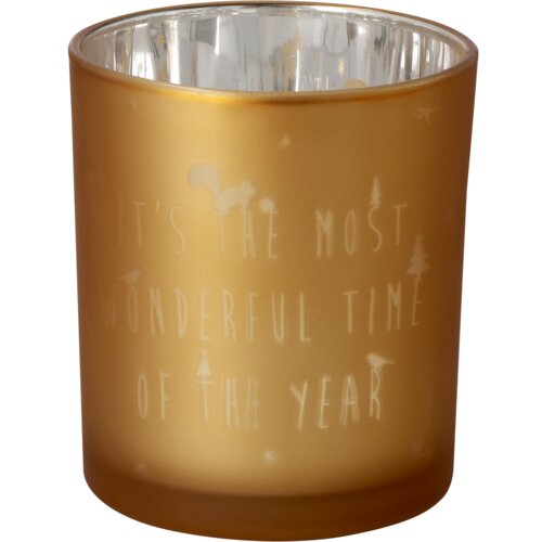 Porta-velas dourado com a frase «It’s the most wonderful time of the year».