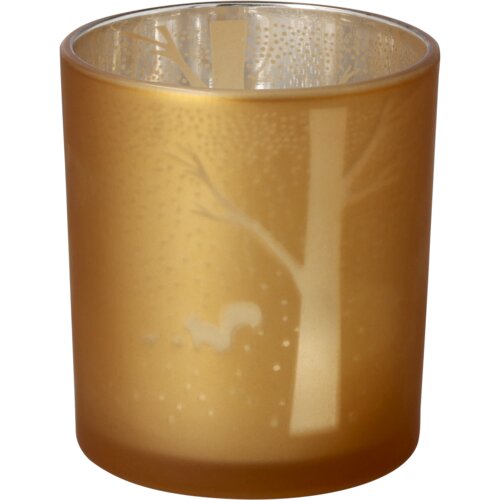 Porta-velas dourado com desenho de árvore e esquilo.