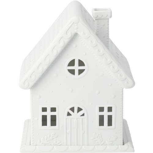 Casinha decorativa branca com chaminé, janelas recortadas e detalhes em relevo.