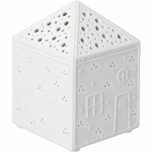 Casinha decorativa branca com telhado perfurado, janelas e porta em relevo.
