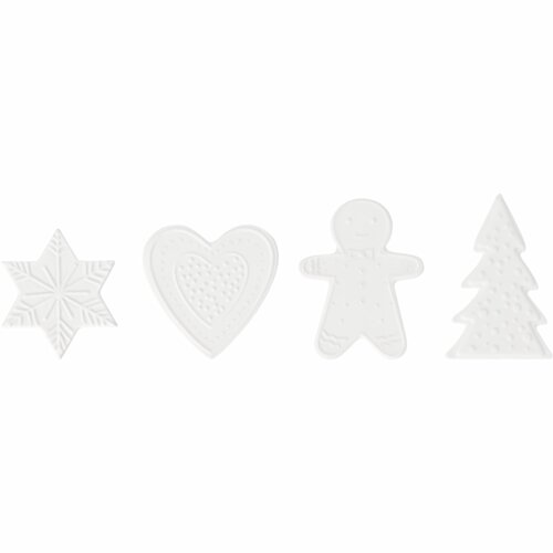 Figurinhas brancas de Natal em forma de estrela, coração, boneco e árvore.