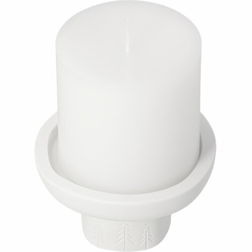 Base branca para vela, com pé decorado com árvores em relevo.