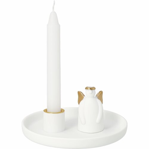 Castiçal branco com anjo de asas e auréola douradas.
