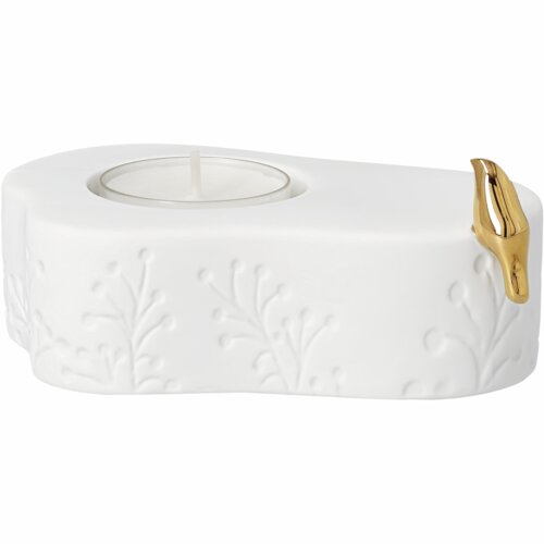 Porta-velas branco com passarinho dourado e ramos em relevo.