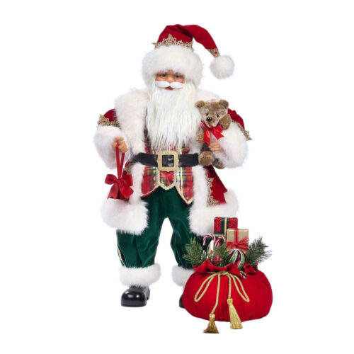Pai Natal em tartan vermelho e branco com saco de presentes, 94,5 cm