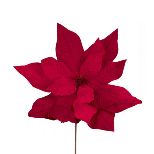 Flor decorativa vermelha com pétalas pontiagudas e nervuras em relevo.