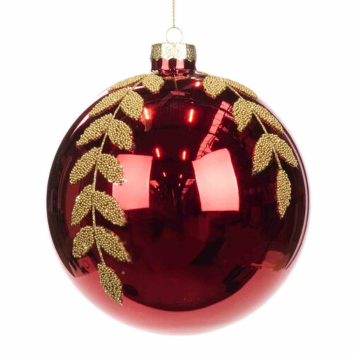 Bola de vidro vermelha com decoração dourada de folhas, 15 cm