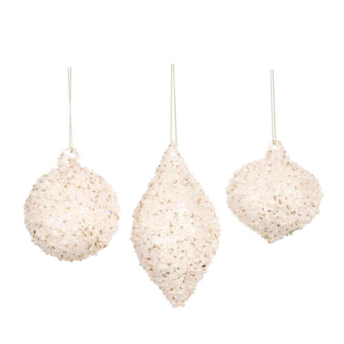 Três modelos de enfeites de vidro branco com efeito pérola e contas, 8 cm