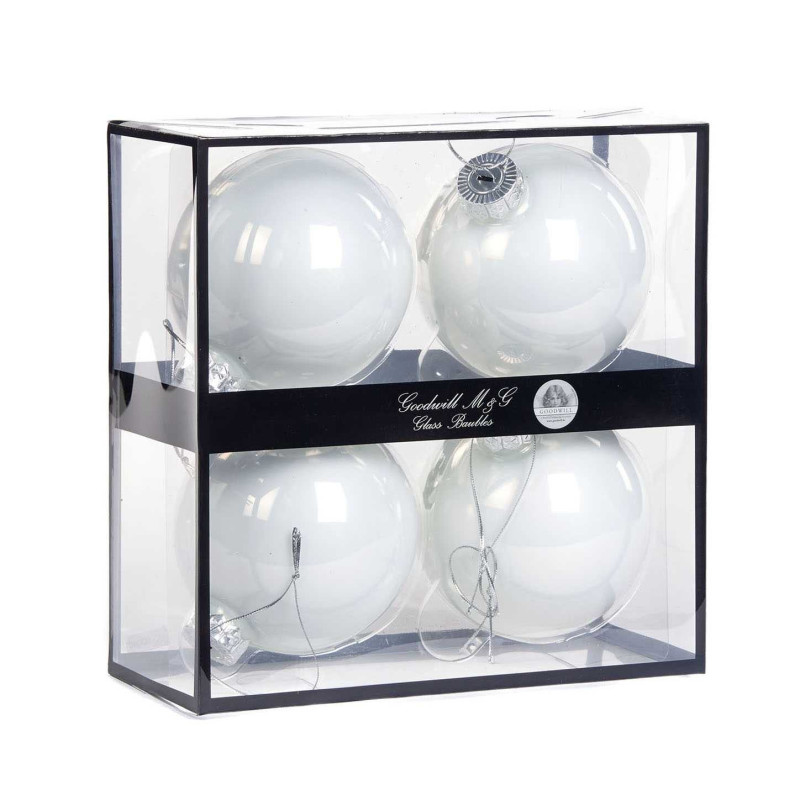 Caixa com quatro bolas decorativas de vidro branco opaco, 10 cm